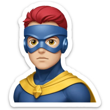 marvel superhero cyclops x-men. blue cowl with iconic yellow visor with red stripe through sticker
