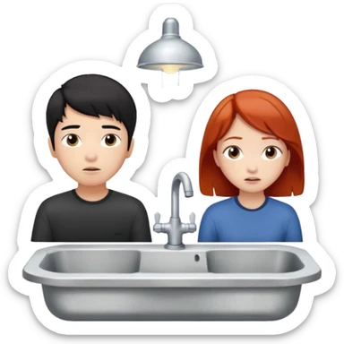 asian black haired boy watches tv with redhead girlfriend by broken sink sticker