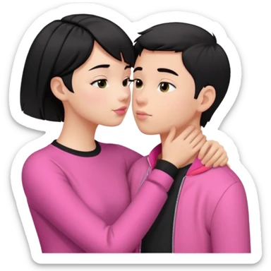 Un emoji de una. Chica linda adolescente vestido rosado pelo corto negro casi por los hombros besando a un chico lindo de pelo y ropa moderna sticker