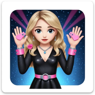 Sabrina carpenter at concert wearing a black sparkly dress with a silver sparkle v neck. she is holding up pink handcuffs. facing audience, blue and red lights setting  sticker