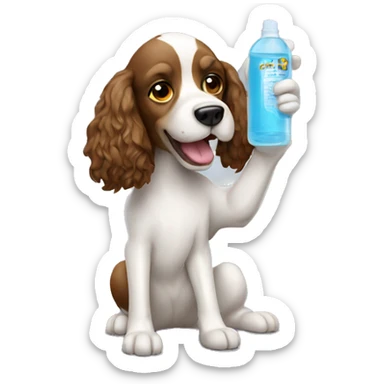  a spaniel with a glass cleaner in his hands sticker