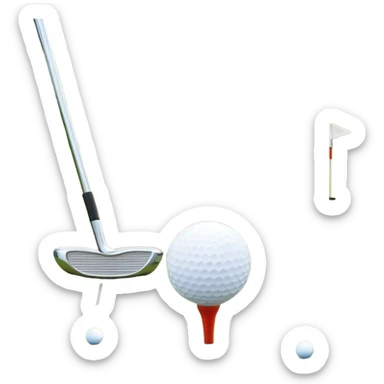A golf ball on a tee with a golf club placed beside it, set against the backdrop of a well-manicured green golf course. The scene emphasizes the equipment and serene atmosphere of the sport, with soft lighting and a peaceful, open landscape sticker