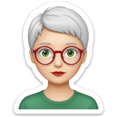 visage femme a lunettes ronde rouge fine avec cheveux courts gris-blancs aux yeux verts sticker
