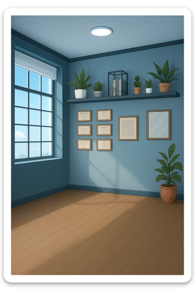 faMMI QUESTA STANZA STILE MANGA/WEBTOON A COLORI SENZA LE PERSONE E SENZA LETTINO, SOLO LA STANZA. FALLA MOLTO PIù LUMINOSA CON LUCI PIù FREDDE E MODERNE, NON LUCI GIALLE sticker