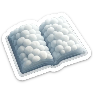 top view of a thick open book made entirely of small, very bright white fluffy convex clouds, matte glass style, emphasis on volume and airiness, no background sticker