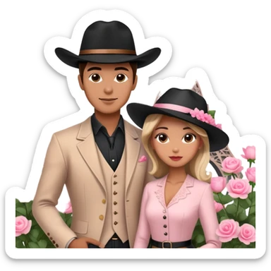 man and woman posing with Eiffel Tower, black cowboy hat, elegant attire, pink delicate flowers sticker