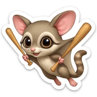 Add a baseball bat to the sugar glider and depict it gliding through the air. Maintain the original style and keep the background transparent. sticker