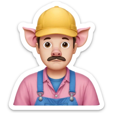 Uncle Samsonite (fat man that looks poorly rendered and doesn’t have a nose and has brown overalls, yellow shirt, blue hat, and pig ears. Also has pink skin sticker