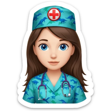 pretty brunette nurse with long hair and blue eyes in dinosaur pattern scrubs sticker