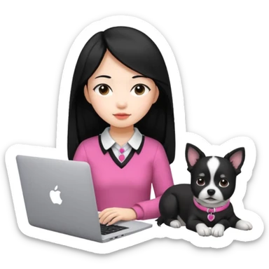 Blue back ground, Asian girl with long black hair working on an Apple laptop, next to her is a small black and white dog with pink collar on  sticker