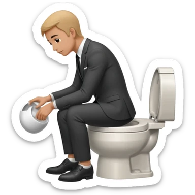 Man siting in a toilet bowl head down hands on the knee the side side view and dress sticker