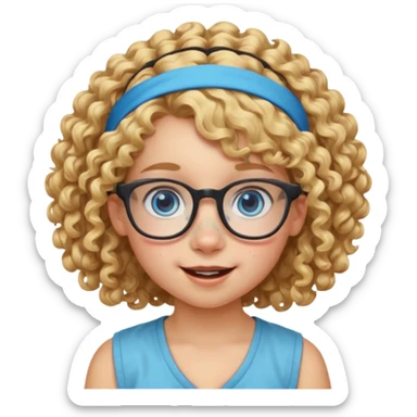blond kid with unique face features and very curly hair kid girl happy and big glasess and big nose and very blue eyes and headband with freckles kind of nerd looking sticker