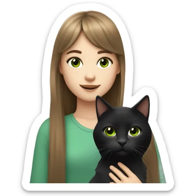 Girl with green eyes and long brown hair with bangs holding a black and white cat sticker