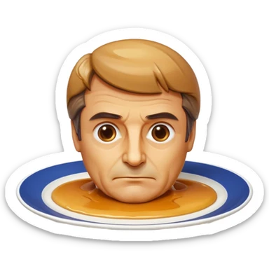 apple style emoji of François Fillon's bust with cartoonishly flan-like head and face, exaggerated creamy flan texture and color, simplified and stylized features, no realistic skin, thick glossy caramel hair dripping down, on a white plate sticker
