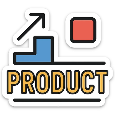 the word PRODUCT with blue and red graphic accents, flat color icon style sticker