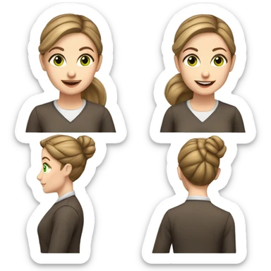 a female teacher who has green eyes brown hair and pale skin. she likes her hair in a bun. She loves coffee so much. Make the scenery in a classroom. She likes wearing sporty things. she is a teacher and her hair is in a bun.
 sticker