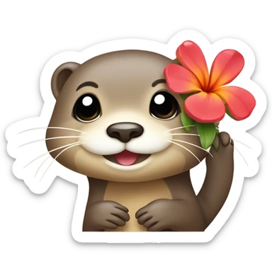 A happy and cute otter face with a Hawaiian flower tucked behind its ear, holding a heart. sticker