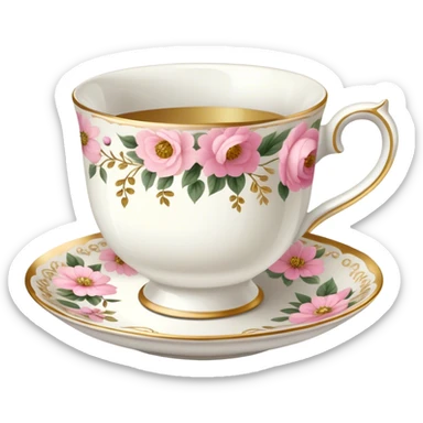 White teacup with baby pink floral antique print with gold accents  sticker