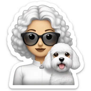mujer pelo largo negro con gafas y perro bichon blanco sticker