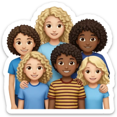 Group of diverse friends standing together, including a dark-skinned boy, a light-skinned blonde boy, a light-skinned girl with dark hair, a mixed-race girl with brown hair, a light-skinned person with curly hair, a mixed-race person with dark curly hair, and in the center a mixed-race person with wavy hair sticker
