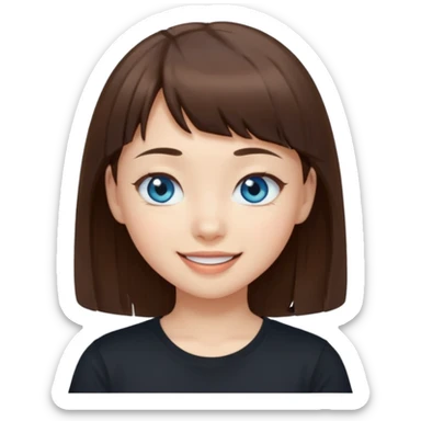 a girl with narrow Asian blue eyes, brown hair, and a small bang below her shoulders, wearing a black T-shirt, winking sticker