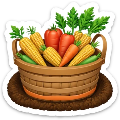 A 3D cartoon basket filled with fresh farm produce like carrots, tomatoes, and corn, placed on soil ground, soft natural lighting, Memoji-style texture. sticker
