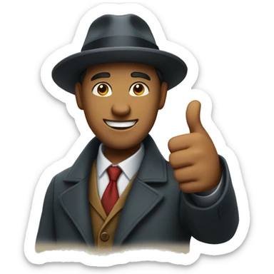man in overcoat and hat showing thumb up sticker