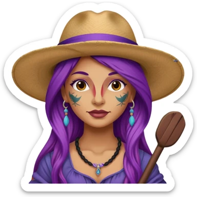 tattoed face venice gondolier with iconic hat woman purple long hair sticker