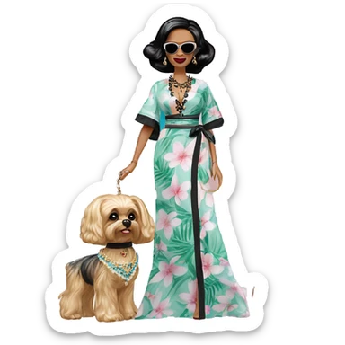 Palm Beach Breeze Barbie Wednesday Addams ,by the pool, white skin, full body visible, wavy hair,handbag, earrings,flowing floral caftan,small 2 piece, sunglasses on top,heels,holding yorkie Miss Thang sticker