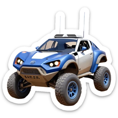 Mandalorian storm trooper evil darkly night blue Dirty and dented Local Motors Rally Fighter off road race car hot rod meets 2013 Toyota 86 trophy truck-style basher flying on a dusty road (silver wheels) sticker
