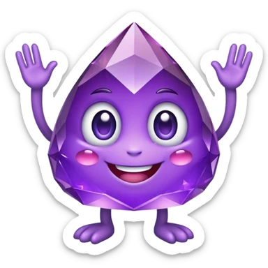 Design a cute purple crystal mascot emoji with friendly eyes, a sweet smile, tiny arms and legs. Keep it adorable and distinctly purple crystal-shaped sticker