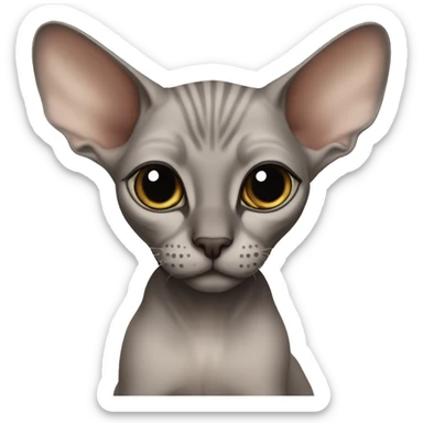 a light gray sphinx cat with a dark muzzle in a soft brown blouse sits sticker