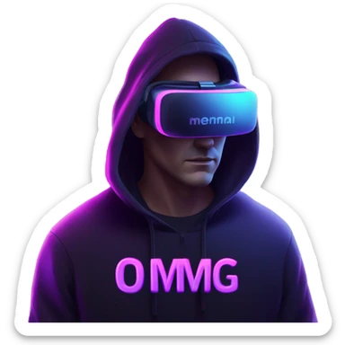 Russian man wearing a black hoodie with "OMG" letters on it and VR headset in a cyberpunk VR environment with violet neon lighting. sticker