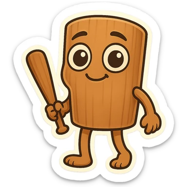Chibi emoji of Tun Tun Suhoor, wooden stick body, smooth brown texture, big cartoon eyes on the stick, small smile, human arms and legs, holding a wooden bat, absurd and funny meme style, no text sticker