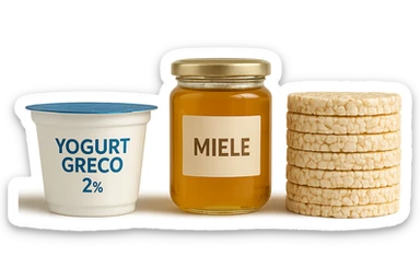 Yogurt Greco 2%
Miele (senza il cucchiaio di legno)
Gallette di Riso
vista frontale, iperrealistico 4k sticker