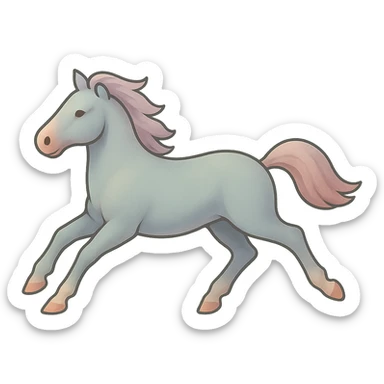 Edit the horse in Chinese eastern style with pastel palette #98B5BC, #B5B3C1, #C9A3C9, #E4C0CA, #F7DCD1, #F7C0AA. Use thin clean outlines, soft rounded shapes, detailed shadows and highlights, soft lighting, transparent background. Make it less cute and without decoration. Fourth frame: body position and appearance as in the original image, but legs changed to gallop phase — front legs extended, hind legs bent. sticker