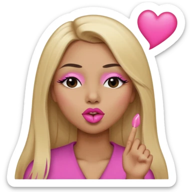 Mujer color de piel moreno claro, con cabello rubio largo, lacio y suelto, ojos negros, labios rosa, mandando un beso con un ojo cerrado  sticker
