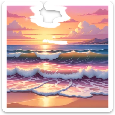 A tranquil seascape with warm-toned waves gently crashing onto the shore, bathed in the golden hues of a sunset. The sky is painted in vibrant oranges and pinks, with a serene, peaceful atmosphere and a distant horizon that adds depth to the beautiful scene. sticker