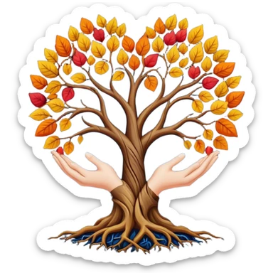 The emoji features a stylized tree with roots that form the shape of a heart, symbolizing love and connection. The tree's branches are adorned with vibrant leaves in shades of orange, red, yellow, and blue, suggesting autumnal colors. Two hands emerge from the bottom of the image, holding the tree's trunk between them, signifying a nurturing or supportive gesture. The background is dark, which contrasts with the brightly colored tree and hands, enhancing their visual impact. sticker