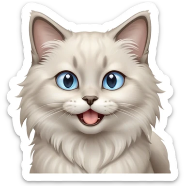 Cinematic Adorable Fluffy Light Grey Mantle Ragdoll Cat Portrait Emoji, Head tilted cutely with big, sparkling blue eyes, soft light grey fur with darker points on the ears, face, and paws, Simplified yet irresistibly adorable features, highly detailed, glowing with a soft, warm glow, high shine, yawning in a peaceful and playful manner, stylized with a touch of whimsy, bright and endearing, soft glowing outline, capturing the essence of a relaxed and loving kitten, so cute it feels like it could leap out of the screen and stretch into a cozy nap! sticker