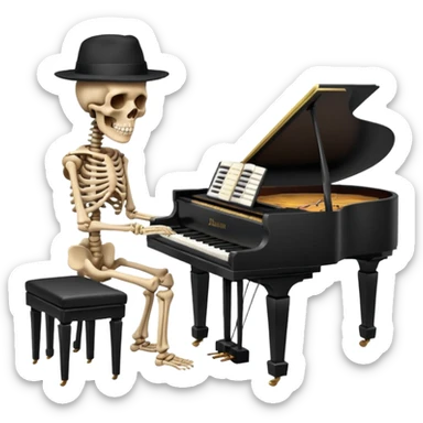 a human skeleton in anatomical proportion wears a black hat and plays the piano sticker
