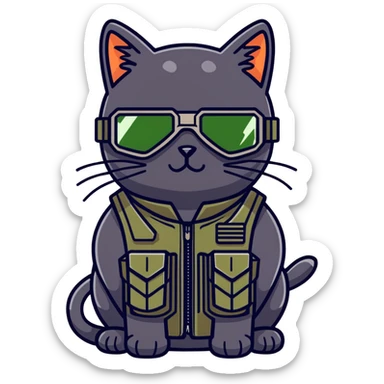 black cat with a military tactical vest in night vision goggles, ￼￼ sticker
