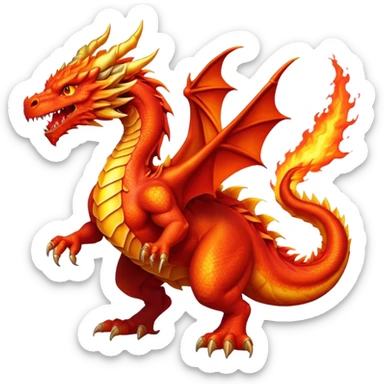 cinematic-noble-fierce-fire-dragon-full body-emoji,-poised-and-imposing,-with-a-muscular,-scaled-body-ablaze-in-fiery-hues-of-crimson,-molten-orange,-and-molten-gold,-and-intense,-burning-eyes-that-mirror-the-heart-of-a-volcano;-rendered in detail, displaying hi sticker