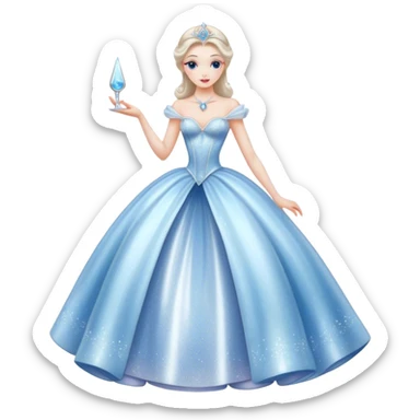Cinematic Realistic Cinderella Portrait, depicted with lifelike skin texture, subtle rosy undertones, and soft natural lighting that enhances the gentle contours of her face. Her intricately detailed golden blonde hair is elegantly styled in an updo, with delicate wisps framing her face. Her deep, expressive blue eyes radiate warmth and sincerity, reflecting a quiet resilience and grace. She holds a glass slipper gently in one hand, her other hand resting gracefully at her side, emphasizing the timeless beauty of the moment. She is dressed in her iconic ball gown, the fabric shimmering with intricate embroidery and fine translucent layers that catch the light beautifully. The soft sheen of satin gloves adds a magical touch to her graceful pose. The portrait features an enchanting glow with a natural, luminous finish, seamlessly blending realism and fairytale charm to evoke a sense of depth, elegance, and timeless beauty. sticker