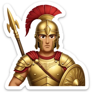 Cinematic-realistic Achilles emoji portrait fearlessly on the battlefield of Troy. His trojan armor gleams , each intricate engraving telling tales of his past glories. His piercing gaze locks onto his foe, his grip tightening around his spear.  sticker