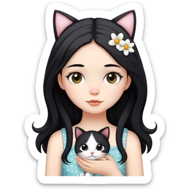 A pretty girl with long black hair wearing a nice sundress and some cutie decorations topped on her head while holding her black and white cat sticker