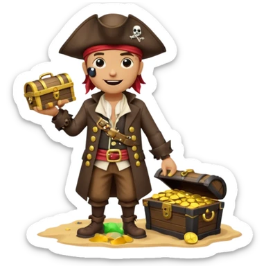 A 3D cartoon pirate character with one eye covered by a black eye patch, holding a treasure chest filled with gold coins and jewels, standing on sandy ground, wearing a pirate hat and coat, warm sunset lighting, realistic Memoji-style rendering. sticker