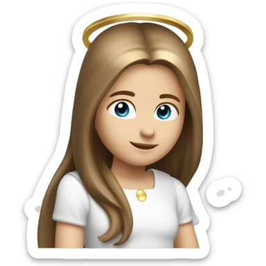 Caucasian brunette angel with long straight hair, dimples, big blue eyes, golden hoop halo over head and wings on back sticker