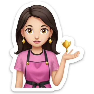 Fille cheveux long châtain foncé, peau beige type européen yeux marron, teeshirt rose avec un tablier noir, piercing au nez anneau doré, boucle d’oreille type diamant doré. Elle fait les ongles nail artiste sur le tablier écrire NIELART en rose  sticker