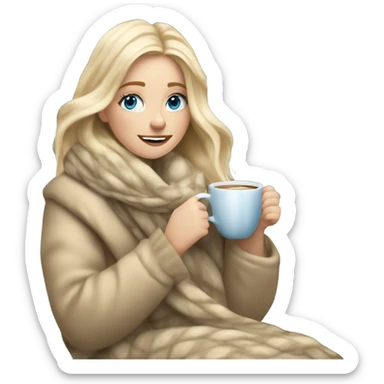 Blonde hair blue eyed white girl covered in blanket winter vibe sitting on a cozy chair holding coffee sitting next to a snowy window sticker